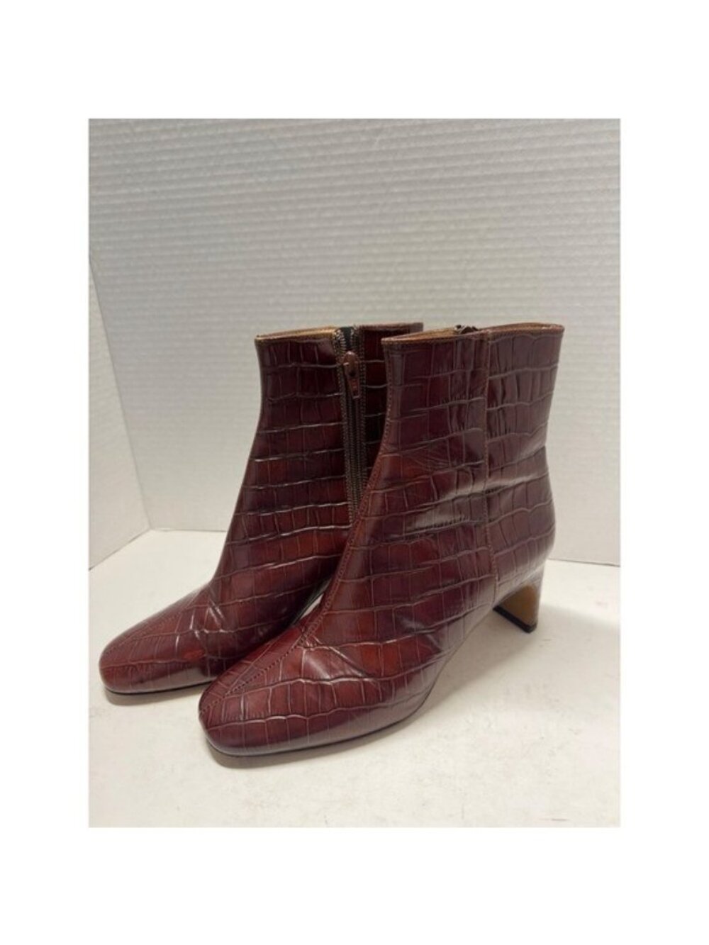 Maje Brown Croc Embossed Leather Ankle Boots Square Toe Block Heel Size 37 7